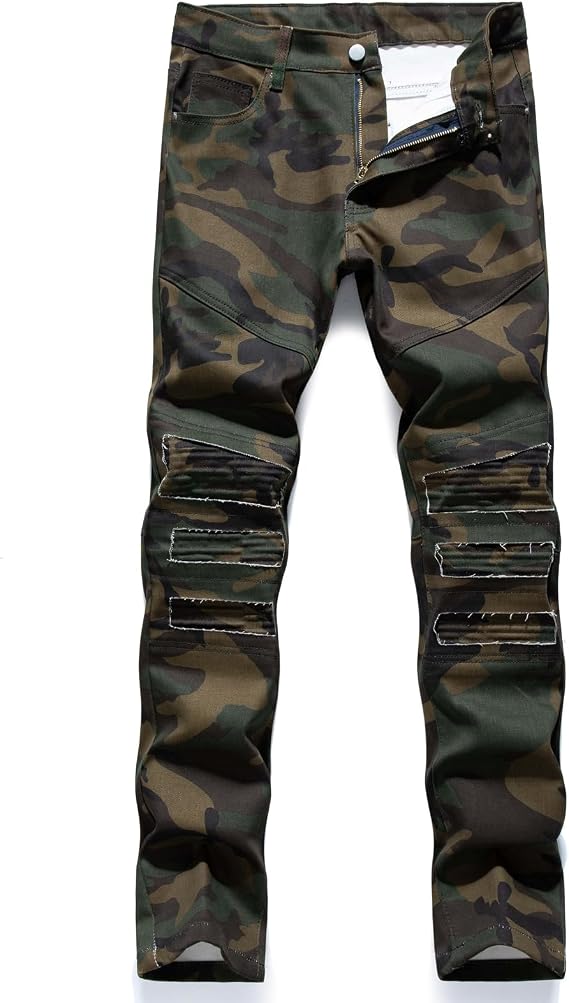 Men's Casual Military Cargo Pants Jeans Camo Trousers Ripped Holes Denim Biker (US, Waist Inseam, 31, 31, Camouflage)