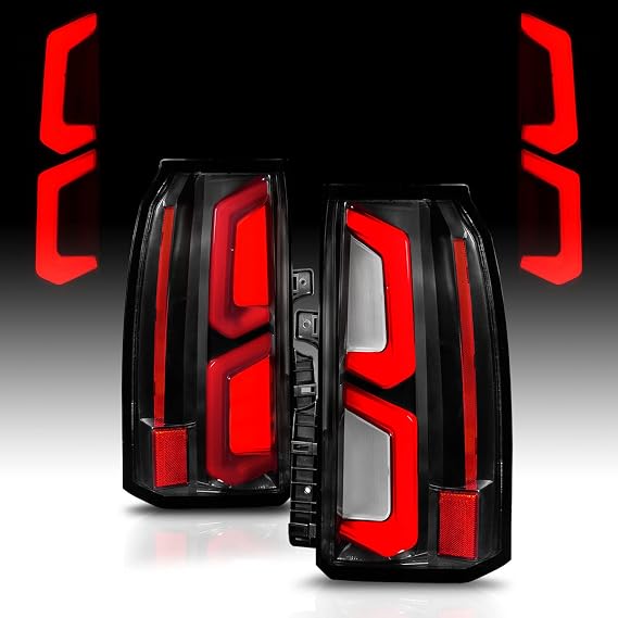 AmeriLite for 2015-2020 Chevy Tahoe Suburban [Full LED] Neon C-Type Dual Light Bar Black Replacement Taillights Assembly Pair - Passenger and Driver Side