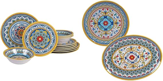 Certified International Portofino 12 Piece Melamine Dinnerware Set, Service for 4, Multi Colored and Certified International Portofino 2 Piece Melamine Platter Set, Multi Colored, Large Bundle