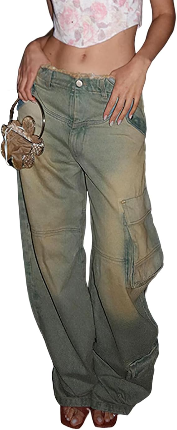 Women's Wide Leg Cargo Jeans High Waisted Straight Flap Pocket Relaxed Fit Baggy Jeans for Women Teen Girls