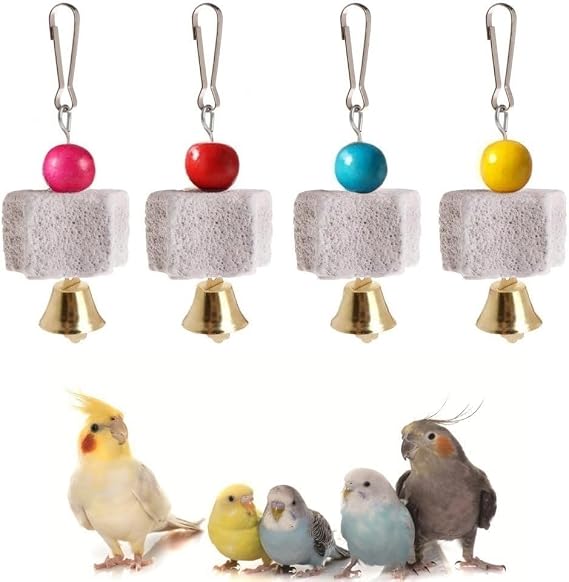 4PCS Bird Teeth Grinding Chew Treats Toy with Bell Beak Grinding Stones Toys Parrot Cages Training Hanging Chew Toys Bird Cage Accessories for Parakeets