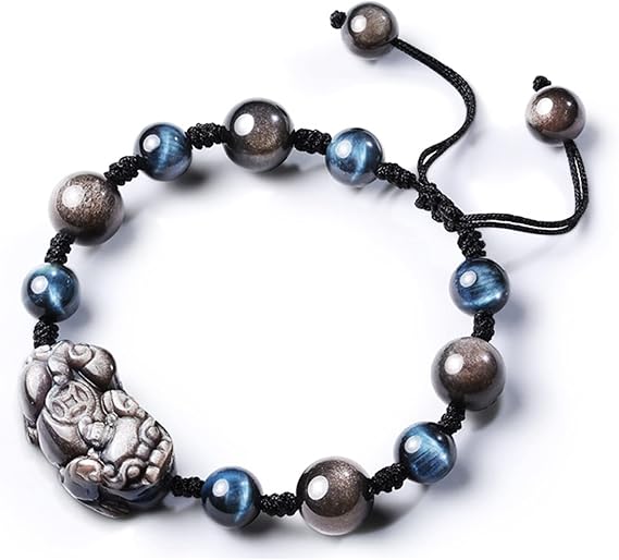 Feng Shui Black Obsidian Bracelet, Piyao Natural Silver Obsidian Blue Tiger Eye Bracelet Nafu Men Women Couple Lucky Bracelet Money Good Luck,Men (Color : Men)