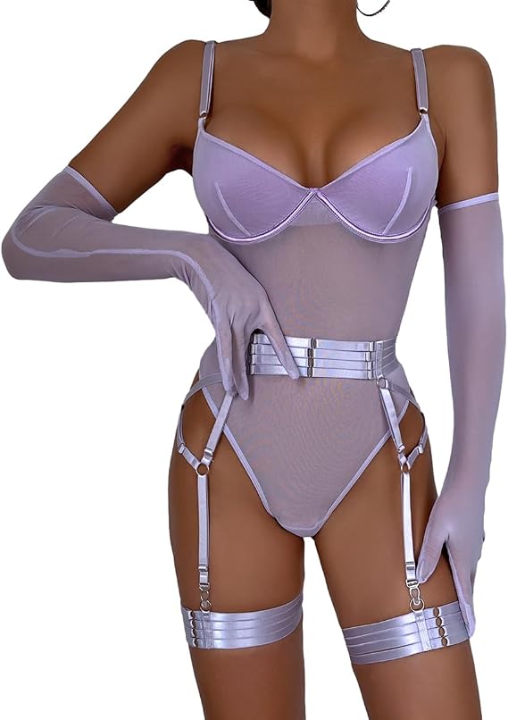 Women's Sexy Mesh Bodysuit Deep V Backless Snap Crotch Garter Lingerie Set Matching Gloves