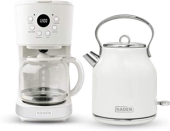 HADEN Coffee Machine, 12 Cup Drip Coffee Maker Bundled with Heritage 1.7 Liter Stainless Steel Electric Kettle, Ivory & Chrome