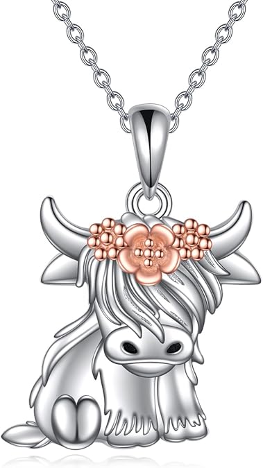 AOBOCO Highland Cow Necklace 925 Sterling Silver Scotland Pendant Jewelry Animal Fluffy Cow Lover Gifts for Women