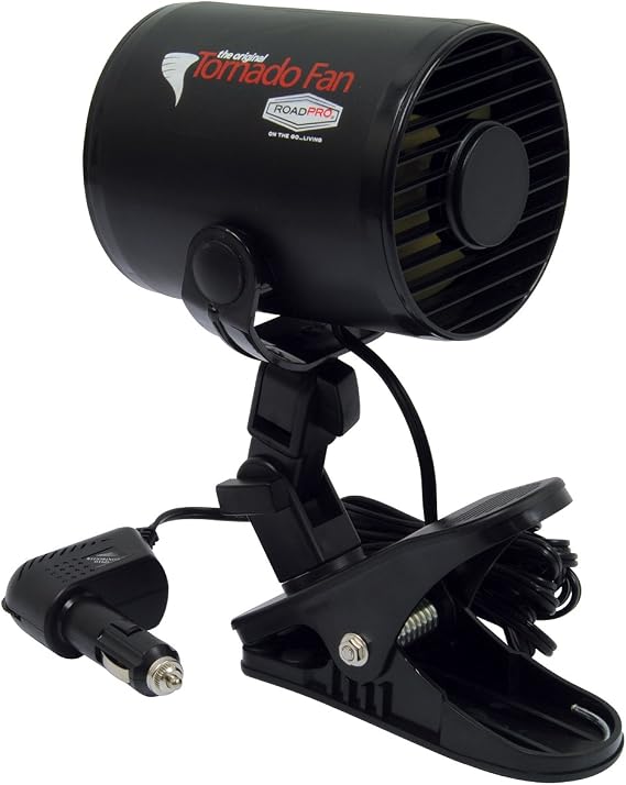 RoadPro RPSC-857 12-Volt Tornado Truck Fan with Mounting Clip, Small 12v Cooling Fan, Black