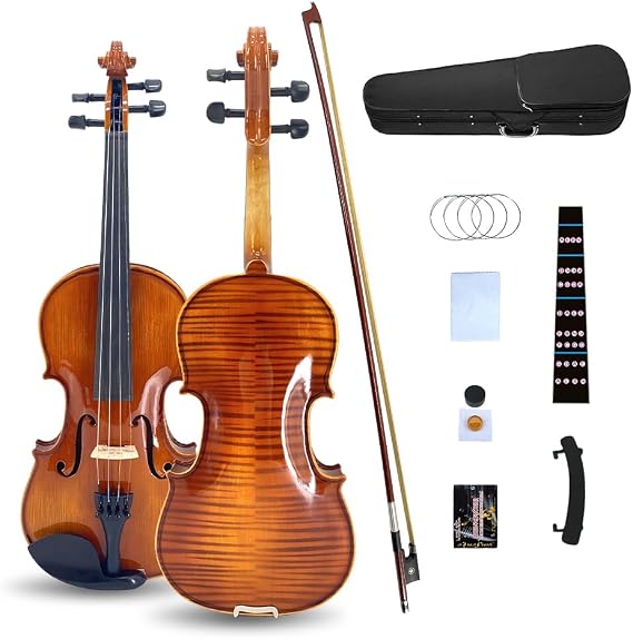 1/2 Violin Set for Beginners Handmade Acoustic Violins Set Fiddle Kit with Shoulder Rest Bow Bridge Hard Case and Extra 4strings