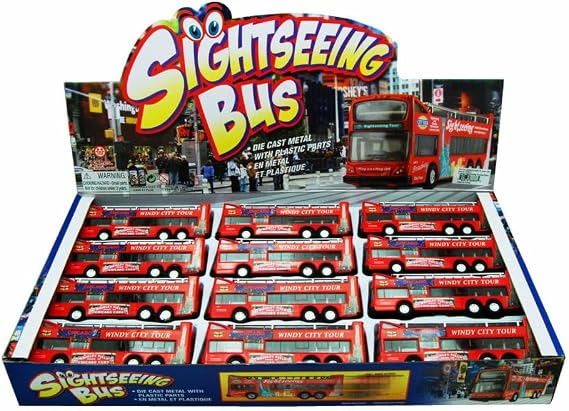 Box of 12 Diecast Model Cars - Chicago Sightseeing Double Decker Bus Open Top, Red, 6 Inch Scale