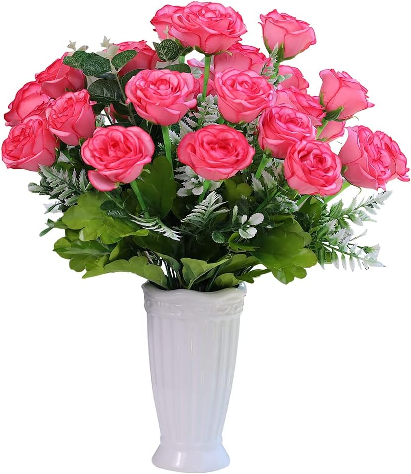 Artificial Flowers with Vase Fake Roses Artificial Silk Flowers Arrangement for Table Centerpiece Wedding Dining Room Dark Pink