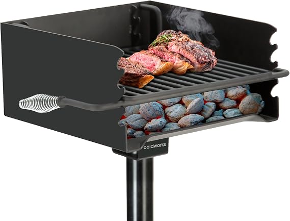 Park Grill Park Style Charcoal Grill In Ground Commercial Outdoor Grill | 16"x16" Large Cooking Surface Heavy Duty Height Adjustable Tilt Away Grate with Spring Handles 360 Degree Swivel