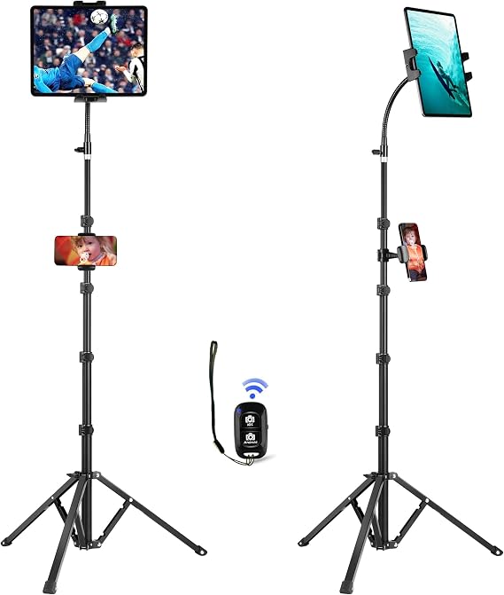 Ipad and Phone Tripod 73" Gooseneck Tablet Floor Stand Holder Mount with Remote for 3.5 to 15in Tablets iPhones, iPad Pro Air Mini 12.9 11 10.5, Galaxy Tab S9 Ultra 14.6", Surface
