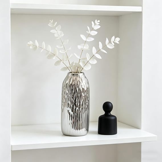 Modern Silver Ceramic Vase with Textured Ripple Design - Electroplated Decorative Flower Vase for Home Decor, Living Room, Table Centerpiece, Wedding, Office - Unique Gift Idea (Silver, Medium)