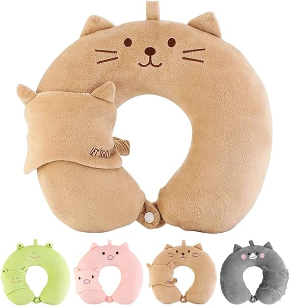 KELRICER Kids Travel Pillow, Cute Travel Neck Pillow with Eye Mask, Memory Foam Cute Travel Pillow for Kids, Kids U-Shaped Neck Pillow for Travelling, Sleeping, Airplane, Home & Office (Brown)
