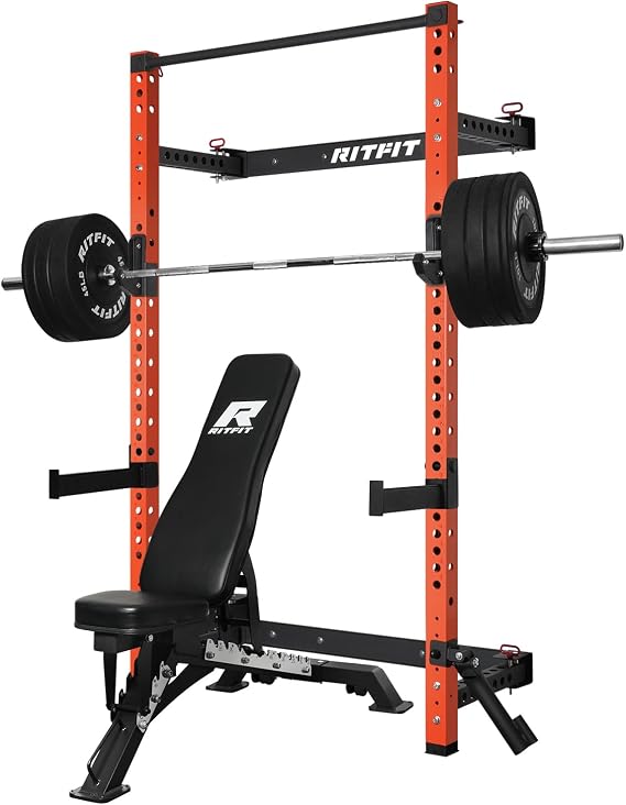 RitFit 2.36'' x 2.36'' Folding Squat Rack for Home Gym, Wall Mounted Squat Rack with Attachments - Space Saving Squat Power Rack