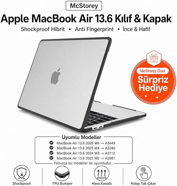 McStorey MacBook Air 13.6 inç M2 M3 M4 M5 Uyumlu Darbe Korumalı Sert Kılıf | Rugged Koruma Hard Case – A2681 A3113 A3240 A3449 Güçlendirilmiş Köşe Koruma Şeffaf