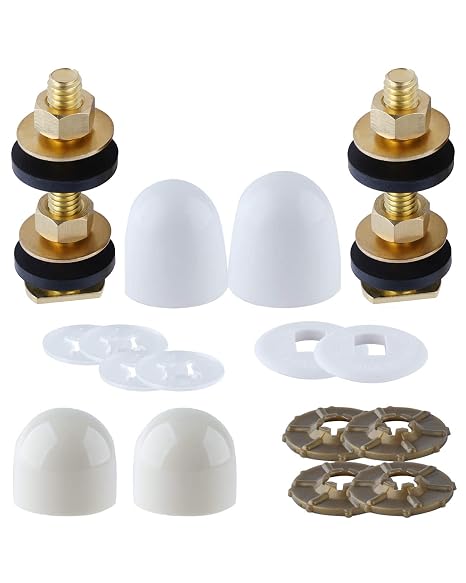 2 Pack Universal Toilet Floor Bolts and Caps Set, Solid Brass Toilet Bolts | Metal Toilet Bowl to Floor Bolts with Washers and Round Cover Caps, Toilet Seat Scews Replacement, Easy to Install