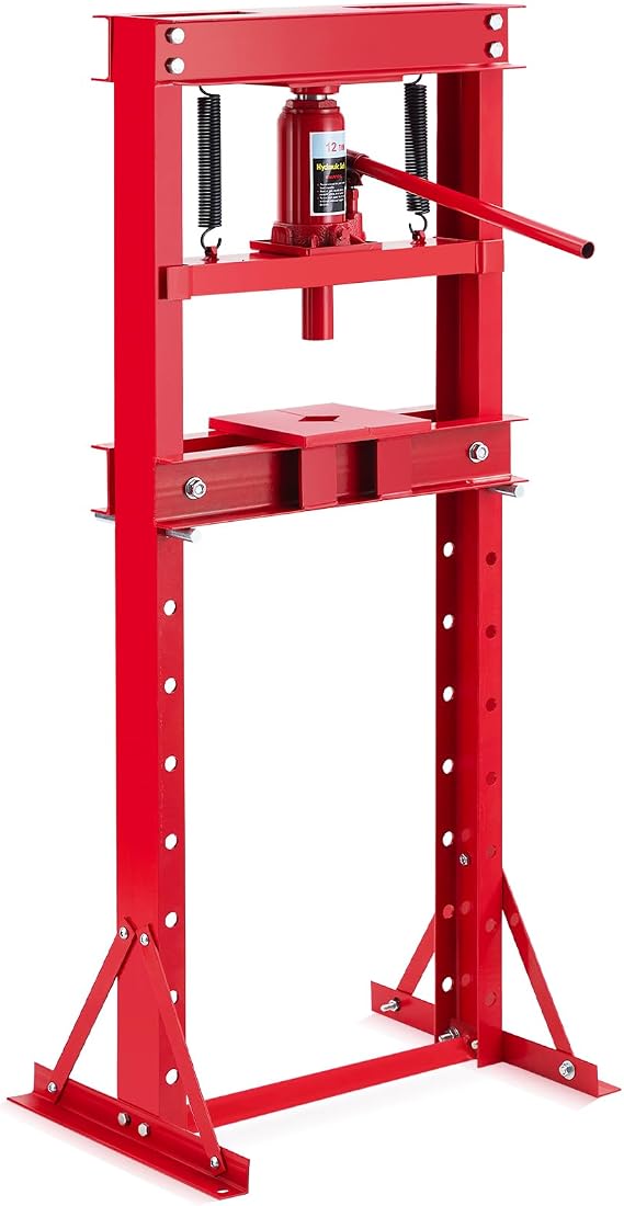 Garvee Hydraulic Press 12 T, Hydraulic Shop Press, H Frame Benchtop Hydraulic Press with 2 Press Plates, Garage Floor Shop Press, Adjustable Work Table Height, Heavy Duty Press, Red