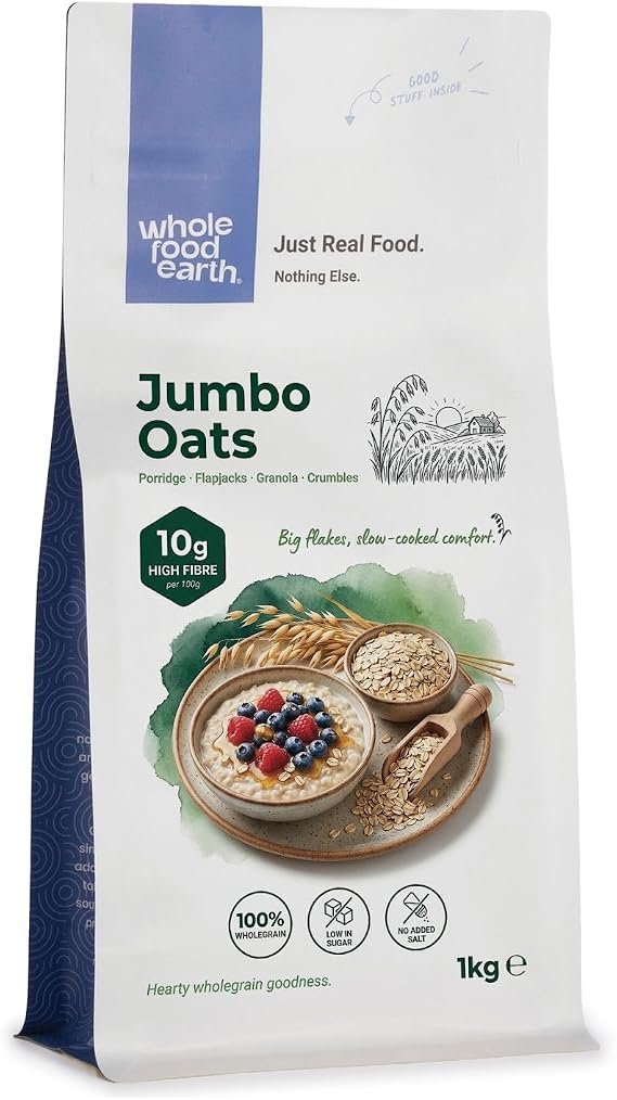 Wholefood Earth Organic Gluten Free Jumbo Oats – 1 kg | GMO Free | Vegan | High Fibre | Certified Organic
