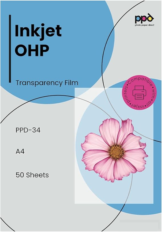 PPD 50 Sheets A4 Transparency Film Premium Inkjet OHP | Heavy 150-Micron Overhead Projector Film. Clear Printable Layout Ideal for Screen Printing Stencils and PPD-34-50