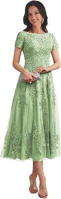 Tulle Lace Appliqued Mother of The Groom Dress for Women A Line Tea Length Formal Gown with Sleeves