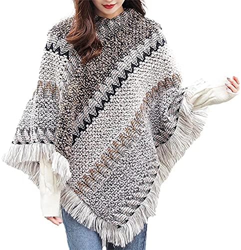 Womens Poncho Sweater Pullover Knitted Shawls and Wraps Elegant Cape Top with Fringed Sides