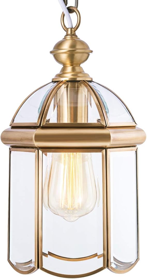 Outdoor Brass Hanging Light Fixtures, Waterproof Pendant Lighting Exterior Light Ceiling Porch Light, Chain Adjustable with Clear Glass Gold Outside Lights for House Entryway Yard Doorway Kitchen