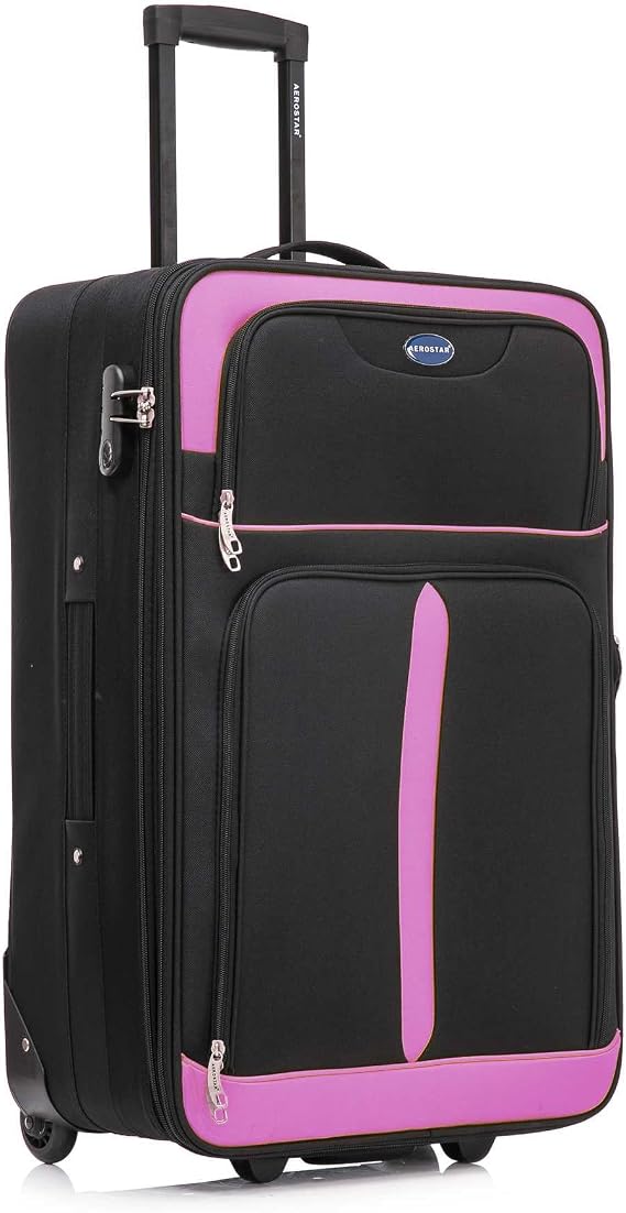 Aerostar Medium 26” Lightweight Softshell Expandable Suitcase, Check in Luggage 2 Corner Wheels with Integrated Combination Lock (Black/Pink, 70 litres)
