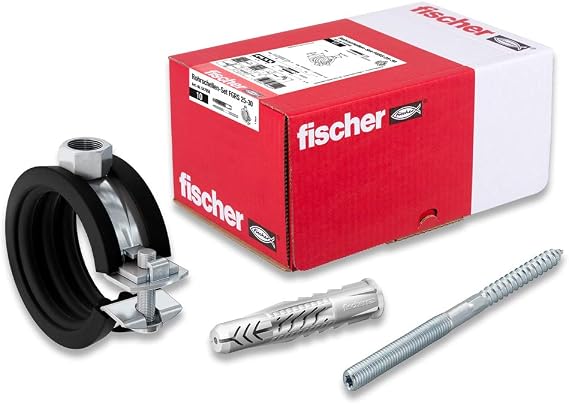 fischer Pipe Clamp Set FGRS 25-30 gvz Pipe Clamp Set with 30 Pieces: 10 Pieces Joint Pipe Clamps FGRS 25-30 Pack of 10 Hanger Bolts STST8x80 10 Pieces Universal Dowels UX10x60 Item No. 547058 Black
