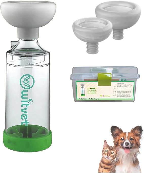Pet Inhaler Spacer/Aerosol Chamber for Cats, Dogs - Use to Assist Metered Dose Inhaler (MDI) Therapy - Dual Valve Design, with Visible Indicators - 3 Silicon Masks for Different Size Pets