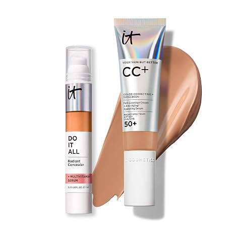 IT Cosmetics CC+ Cream with SPF 50+ Natural Finish Full Coverage Foundation (Tan - 1.08 fl oz) & Do It All Radiant Concealer Multivitamin Serum Makeup (410 Tan Neutral - 0.2 fl oz)