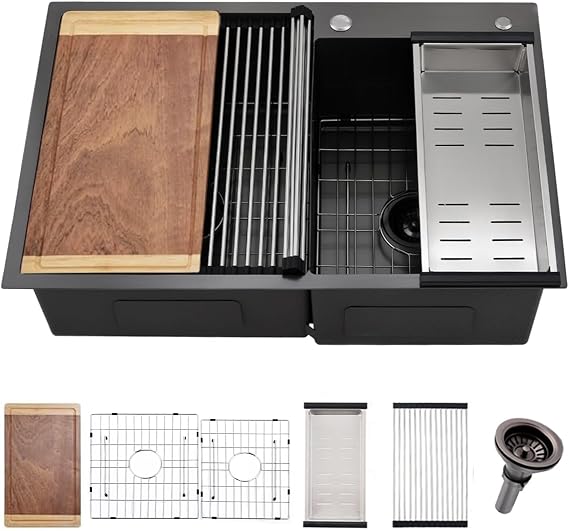 33 Inch Black Drop In Double Bowl Kitchen Sink -VOKIM Drop In sink