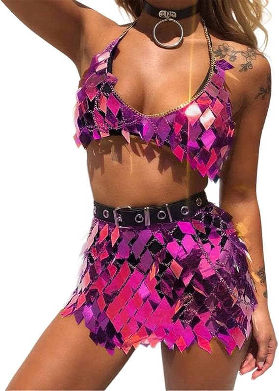 TWINKLEDE Sequin Mermaid Body Chain Top Skirt Sparkly Skirts Bikini Rave Outfits for Women