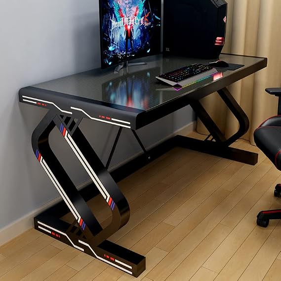 Gaming Desk, PC Computer X Shaped Gamer Desk with Carbon Fiber Surface  Mouse Pad, Ergonomic E Sport Style, Large Black-L 80