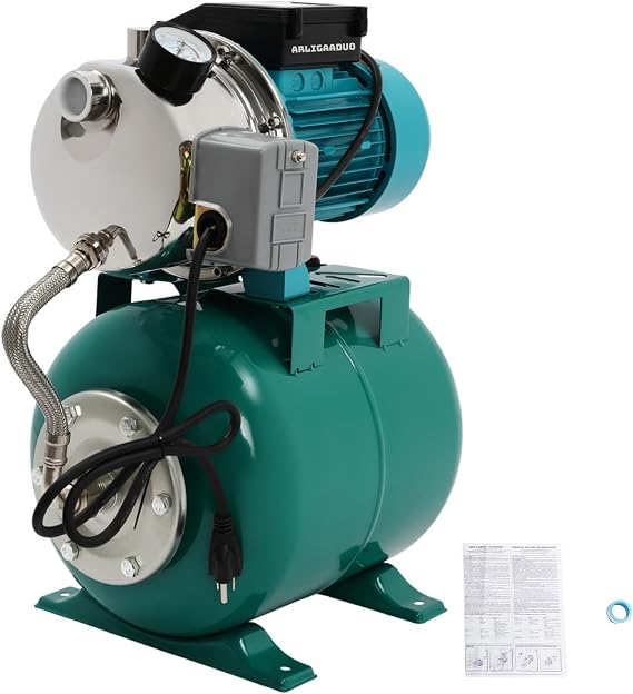 110V Shallow Well Garden Pump, Stainless Steel, 793 GPH, 1 HP, 148FT Automatic Water Booster System Jet Pumps with Pressure Tank for Home, Garden, Lawn, Irrigation Reliable Water Supply Solution