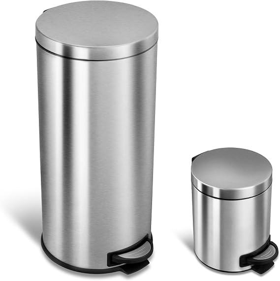 Ninestars CB-SOT-30-1/5-1 Step-on Trash Can Combo Set, 8 Gal 30L & 1.2 Gal 5L, Stainless Steel Base (Round, Stainless Steel Lid), 8 Gal & 1.3 Gal