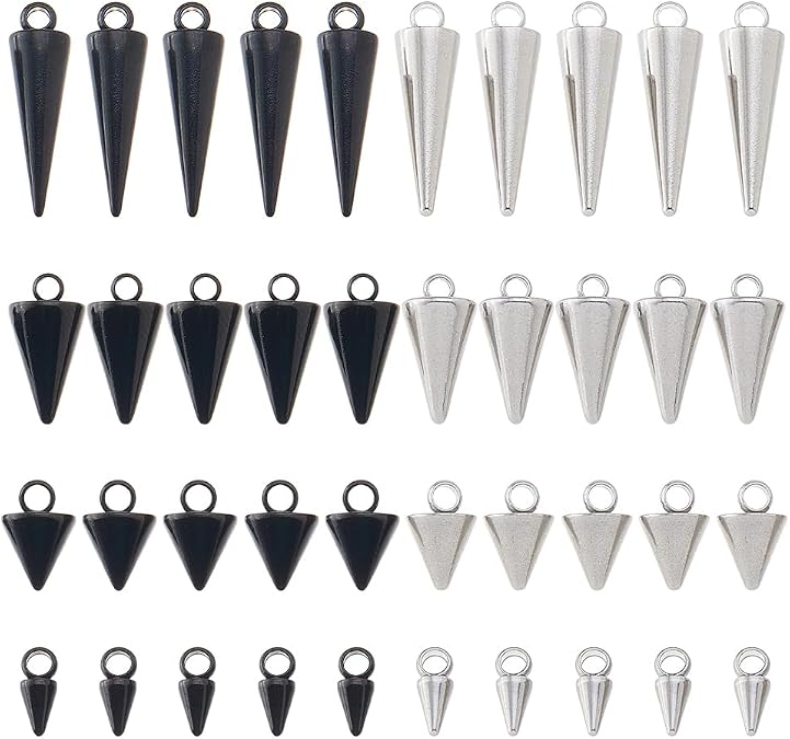 40Pcs 4 Sizes Cone Charms Stainless Steel Spike Pendants Punk Style Charms Metal Dangle Pendants for Jewelry Making Bracelet Necklace Earrings Keychain DIY Accessories