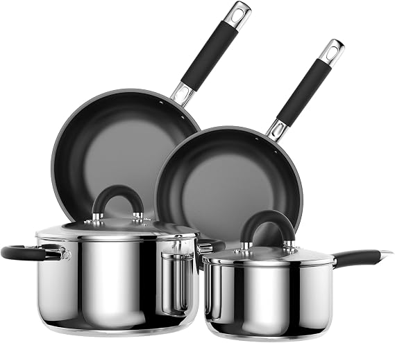 Pots and Pans Set Non Stick, 5 Ply Stainless Steel Cookware Set of 6, 2.8QT 6.5QT Pots 10 11.5 Frying Pan, Compatible with Gas Induction Ceramic Stove, Dishwasher Safe