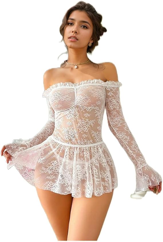 Women's 2 Piece Mini Dress Mesh Sheer Floral Lace Long Sleeve Off Lingerie Set