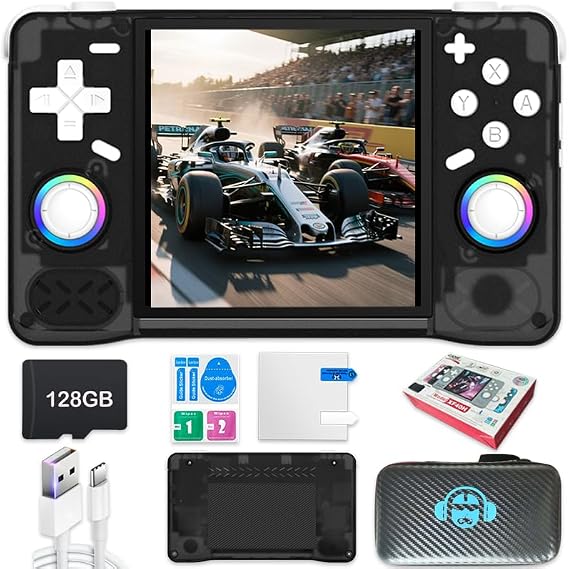 New Retro Handheld Game Console,4-inch IPS Screen with Storage Bag,Built-in 128G with 22000 Games,Linux System,Portable Pocket Mini Arcade (Black,128g)