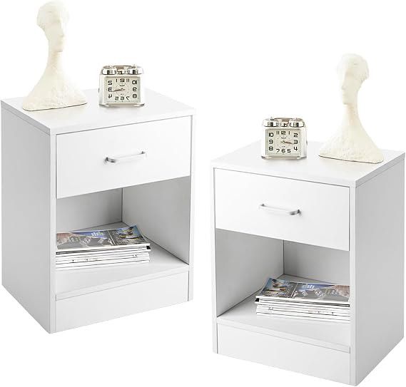 Karl home White Wood Nightstand Set of 2, Modern Bedroom Bedside End Table