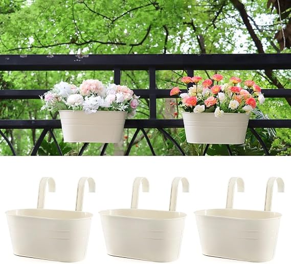 Meltset 3 Pack Metal Iron Hanging Flower Pot, Oval Railing Fence Garden Balcony Planter Pots, Metal Bucket Flower Holders for Wall Indoor Outdoor Home Decor, Beige