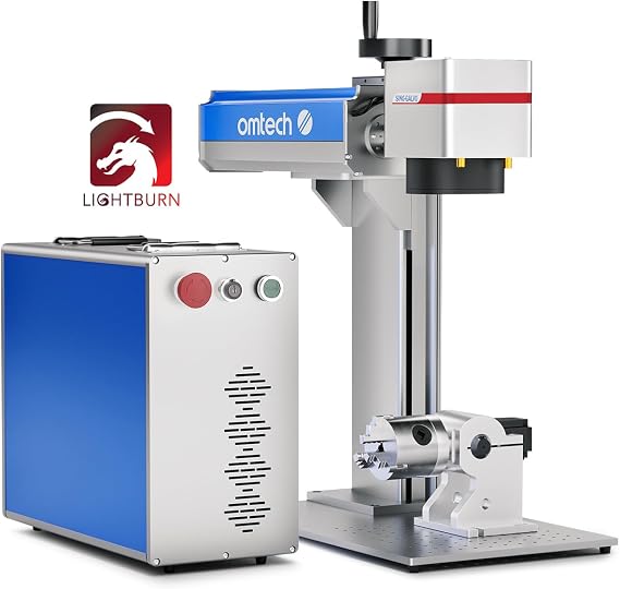 OMTech 20W Fiber Laser Engraver with LightBurn and Rotary Axis, Laser Engraving Machine with Red Dot Pointer, 4.3x4.3 Solid State Laser Marking Etching Machine for Metal Steel Gold Jewelry More
