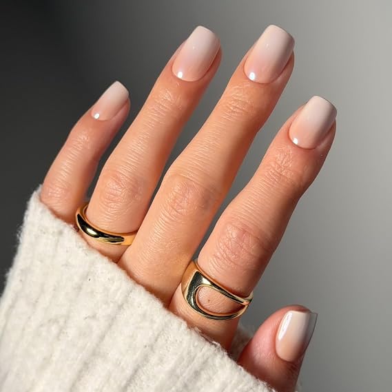 Glamnetic Press On Nails - Sugar Veil | Glazed Short Squoval Nude Fake Nails with Ombre, Salon Quality Neutral Nails | 15 Sizes - 30 Nail Kit with Glue