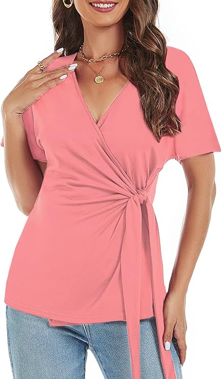 LEIYEE Womens Summer V Neck Short Sleeve Wrap Tops Casual Cute Front Twist Tie Knot Shirts Blouse