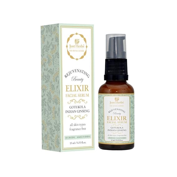 Just Herbs Fast Absorbing Organic Gotu Kola, Ginseng (Ashwagandha) Vitamin C Beauty Elixir Facial Serum for Dark Circles - Suitable For All Skin Types, 0.53 fl.oz.