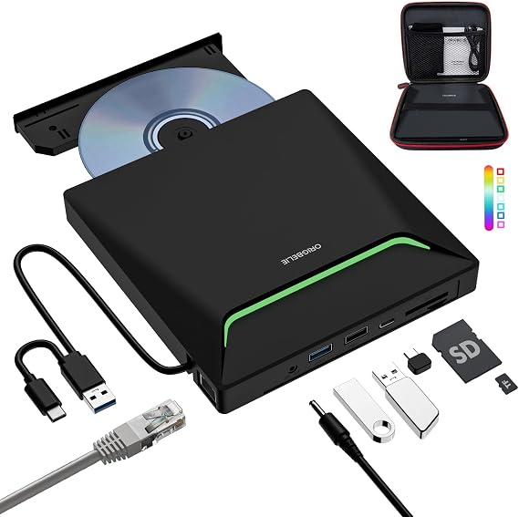 New External CD DVD Drive with Ethernet Adapter USB 3.0 Hub & Carrying Case