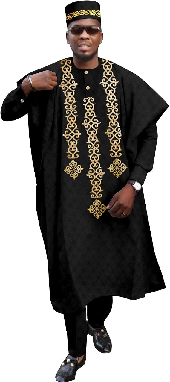 Traditional African Suits for Men Embroidery Agbada Robe Shirts Pants and Hat 4 Piece Set for Wedding Evening