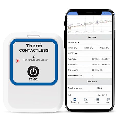 ThermElc TE-B2 Bluetooth Temperature Data Logger, Reuseable Contactless 30m Data Flow for Sealed Containers, Multi-Device Data Comparison, Ideal for Cold Chain Monitoring & Warehouse Mapping