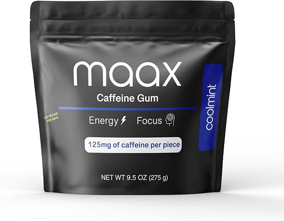 Maax Caffeine Energy Gum | Focus Gum | 125mg of caffeine per piece | Coolmint | 125 total pieces per bag