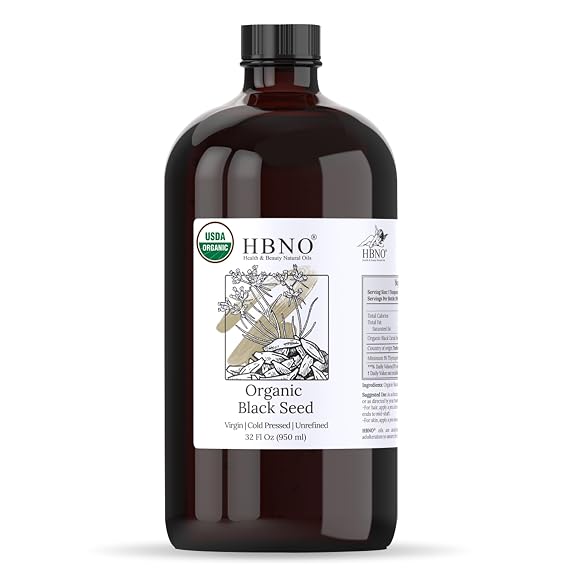 HBNO Organic Black Seed Oil - Huge 32oz (950ml) Glass Bottle Value Size - USDA Certified Organic Black Seed Oil, Cold Pressed for Face, Body, Lips, Shampoo & Conditioner